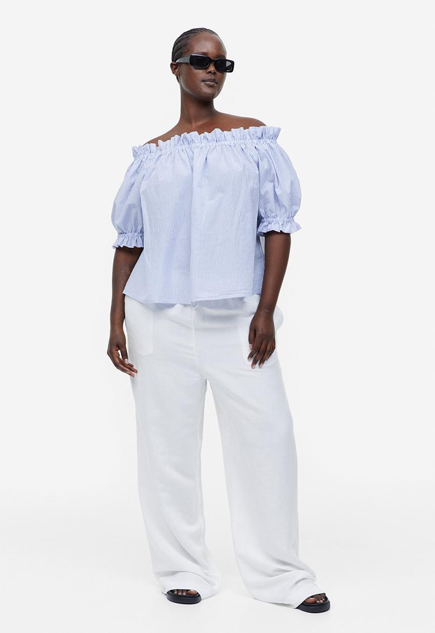 H&M - Frill-trimmed off-the-shoulder top - blue/striped