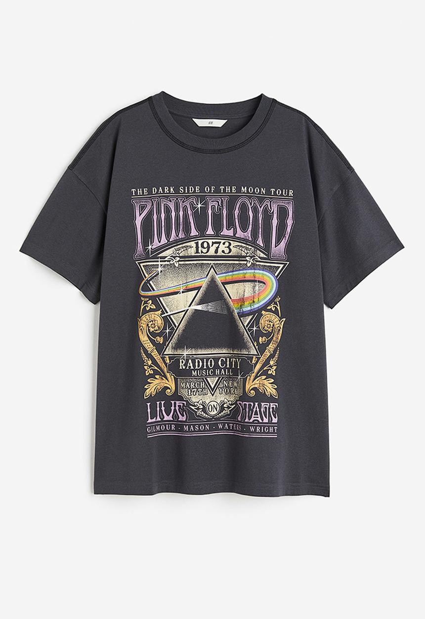 H&M - Oversized printed T-shirt - dark grey/pink floyd