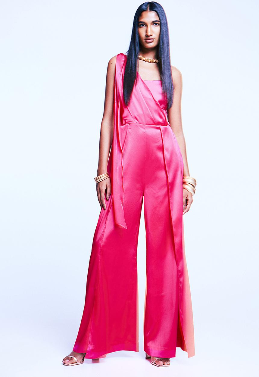 H&M - One-shoulder satin jumpsuit - raspberry pink
