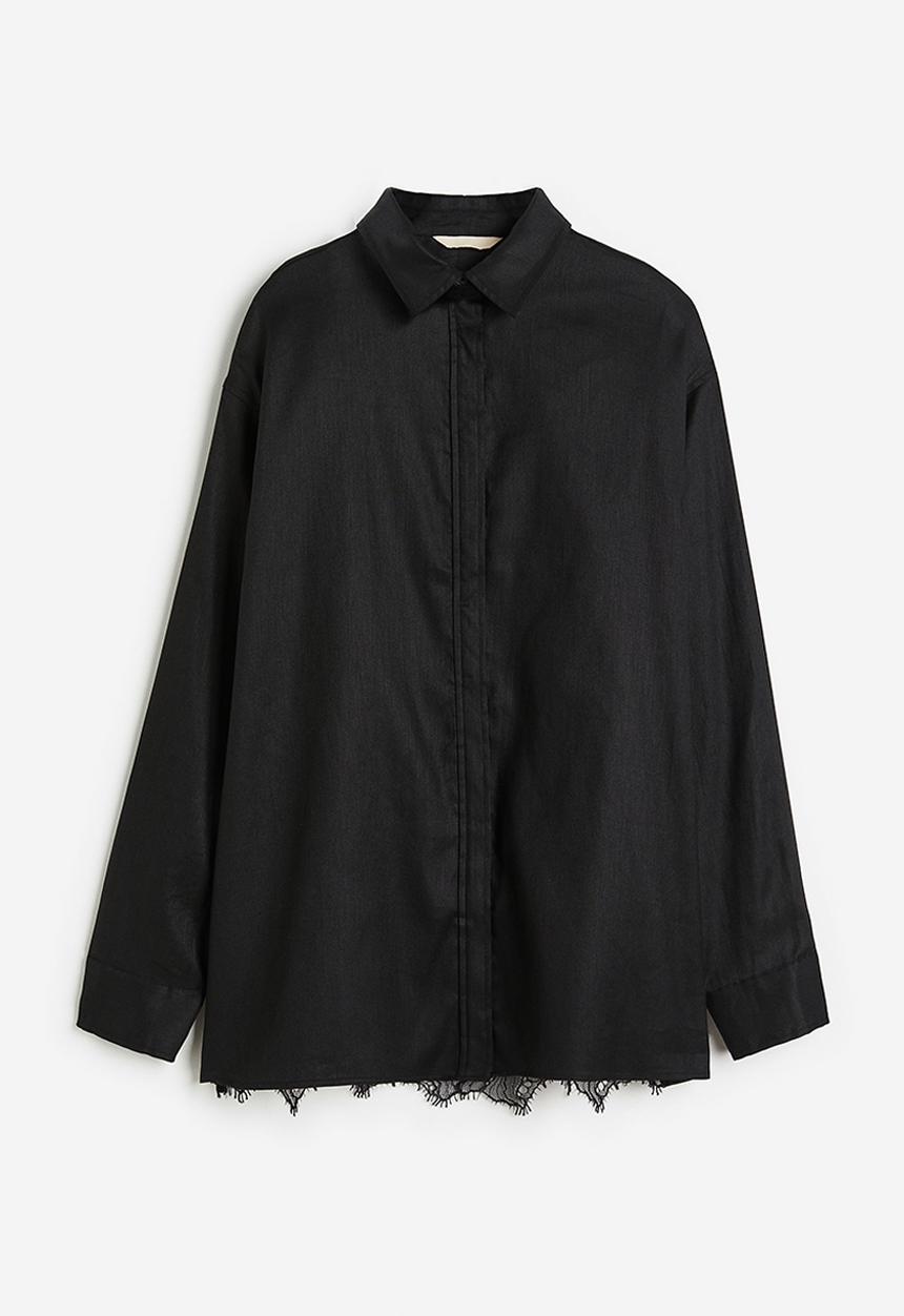 H&M - Lace-back linen-blend shirt - black