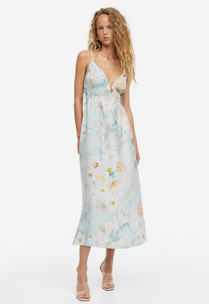 H&M - Drawstring-detail dress - light green floral 