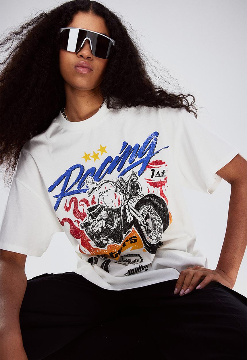 H&M - Oversized printed T-shirt - white racing