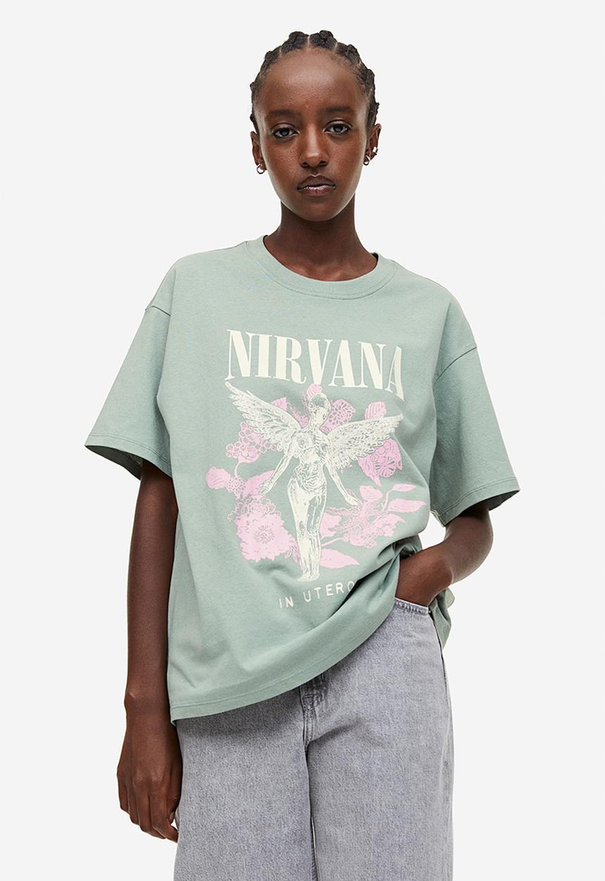 H&M - Oversized printed T-shirt - light khaki green nirvana