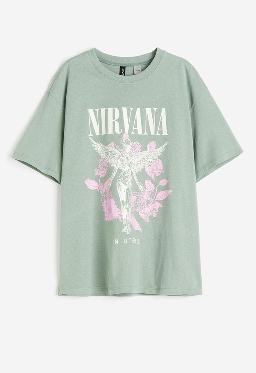 H&M - Oversized printed T-shirt - light khaki green nirvana