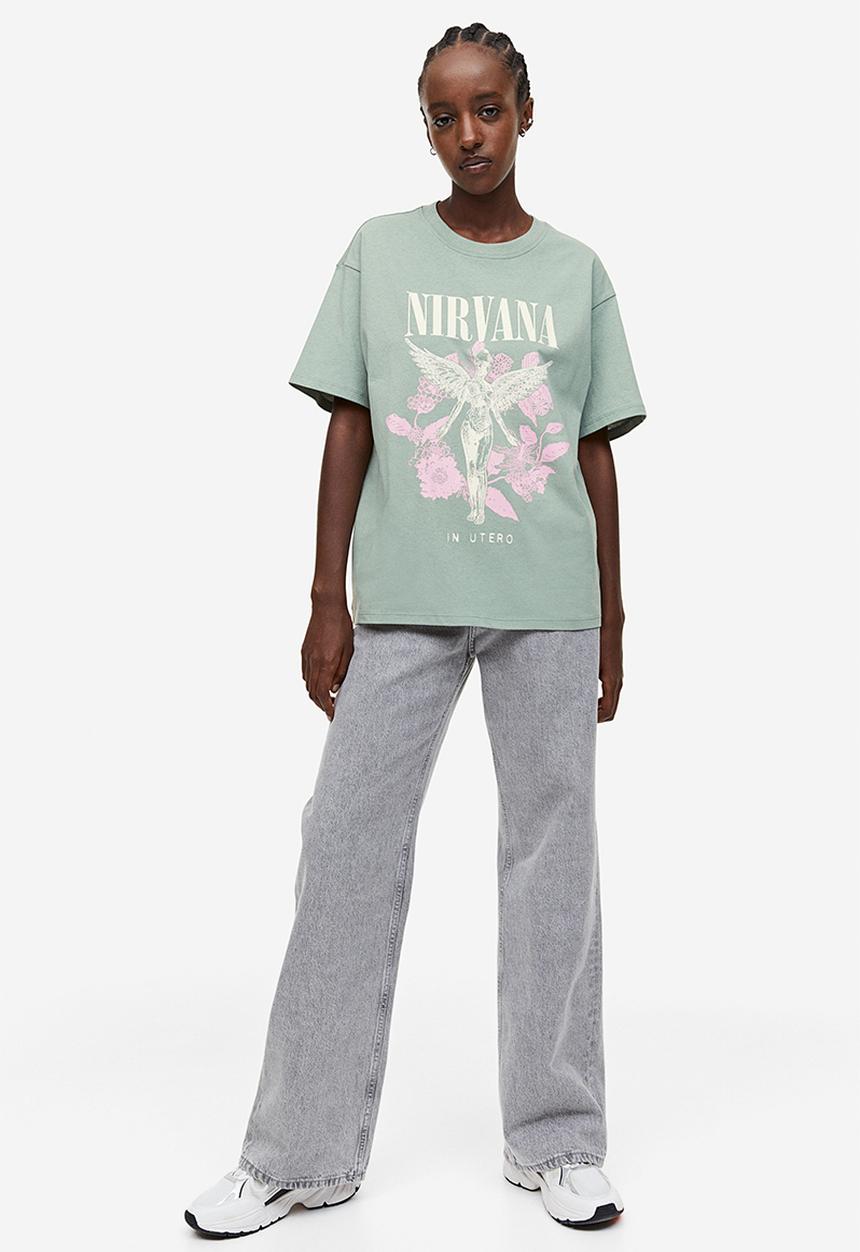 H&M - Oversized printed T-shirt - light khaki green nirvana