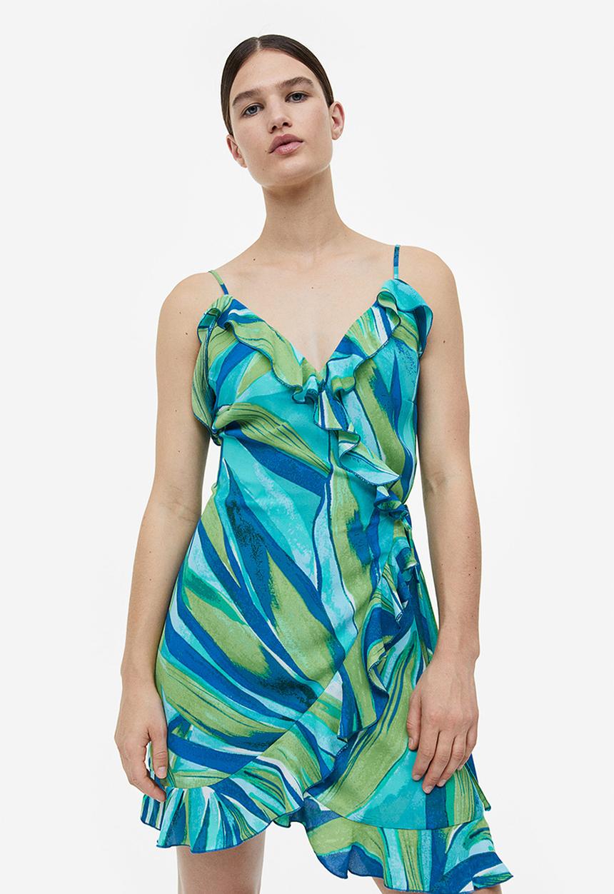 H&M - Flounce-trimmed wrap dress - turquoise/patterned