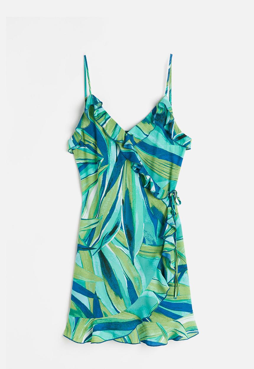 H&M - Flounce-trimmed wrap dress - turquoise/patterned