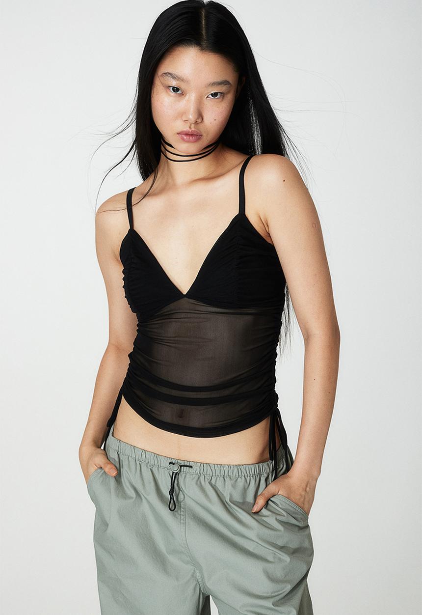 H&M - Drawstring-detail mesh top - black