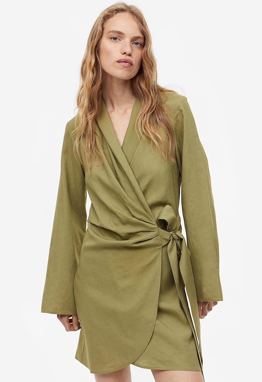 H&M - Linen-blend wrap dress - khaki green