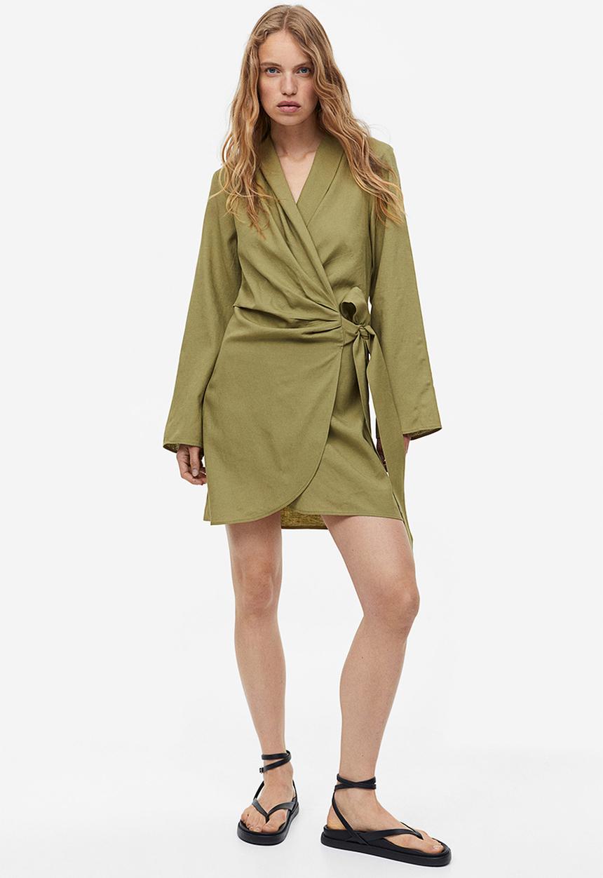 H&M - Linen-blend wrap dress - khaki green