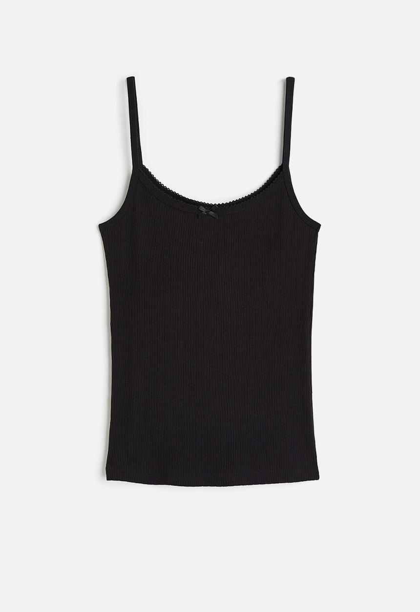 H&M - Picot-trimmed strappy top - black
