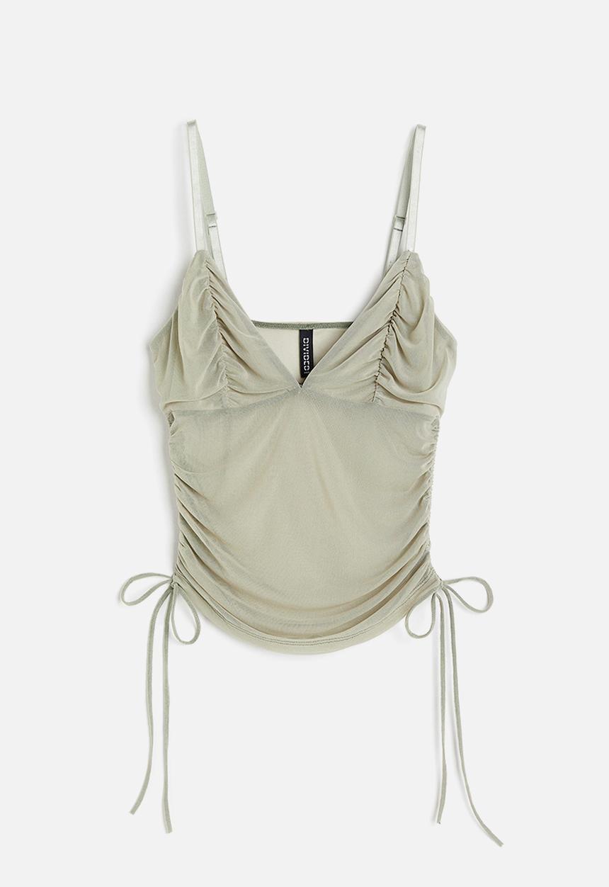 H&M - Drawstring-detail mesh top - light khaki green 