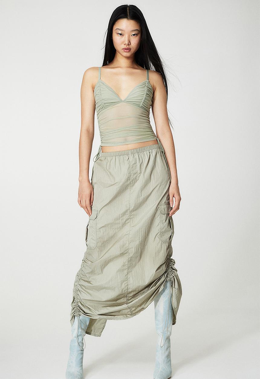 H&M - Drawstring-detail mesh top - light khaki green 