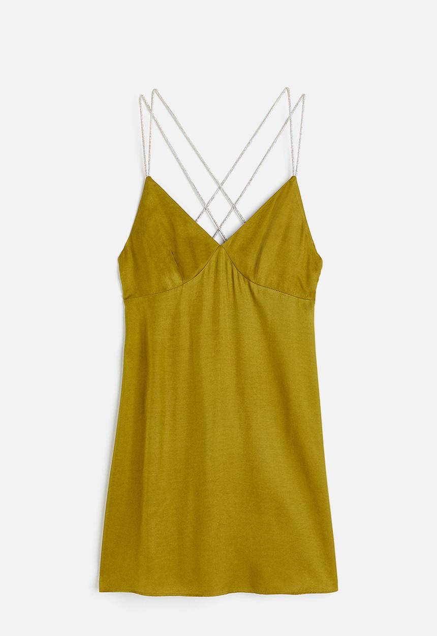 H&M - Rhinestone-strap satin dress - khaki green