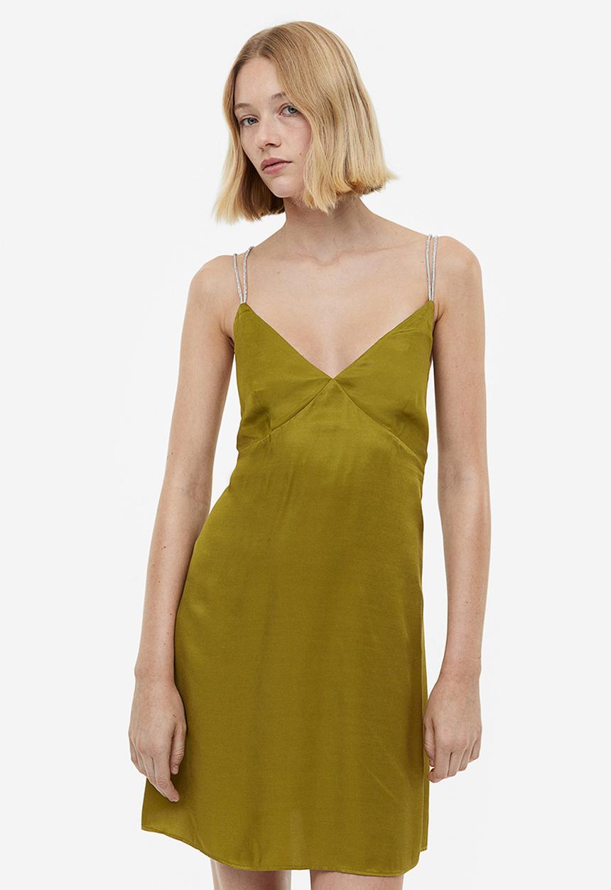 H&M - Rhinestone-strap satin dress - khaki green