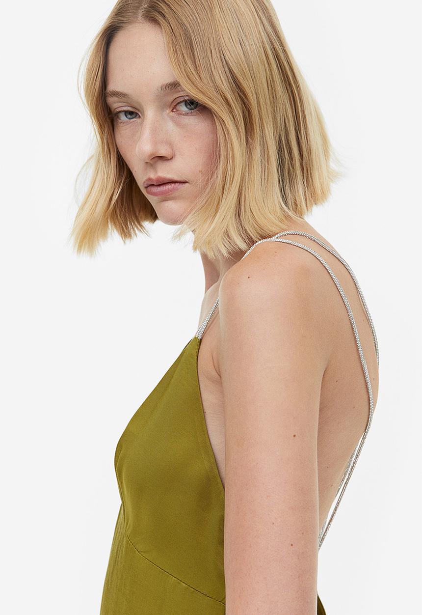 H&M - Rhinestone-strap satin dress - khaki green