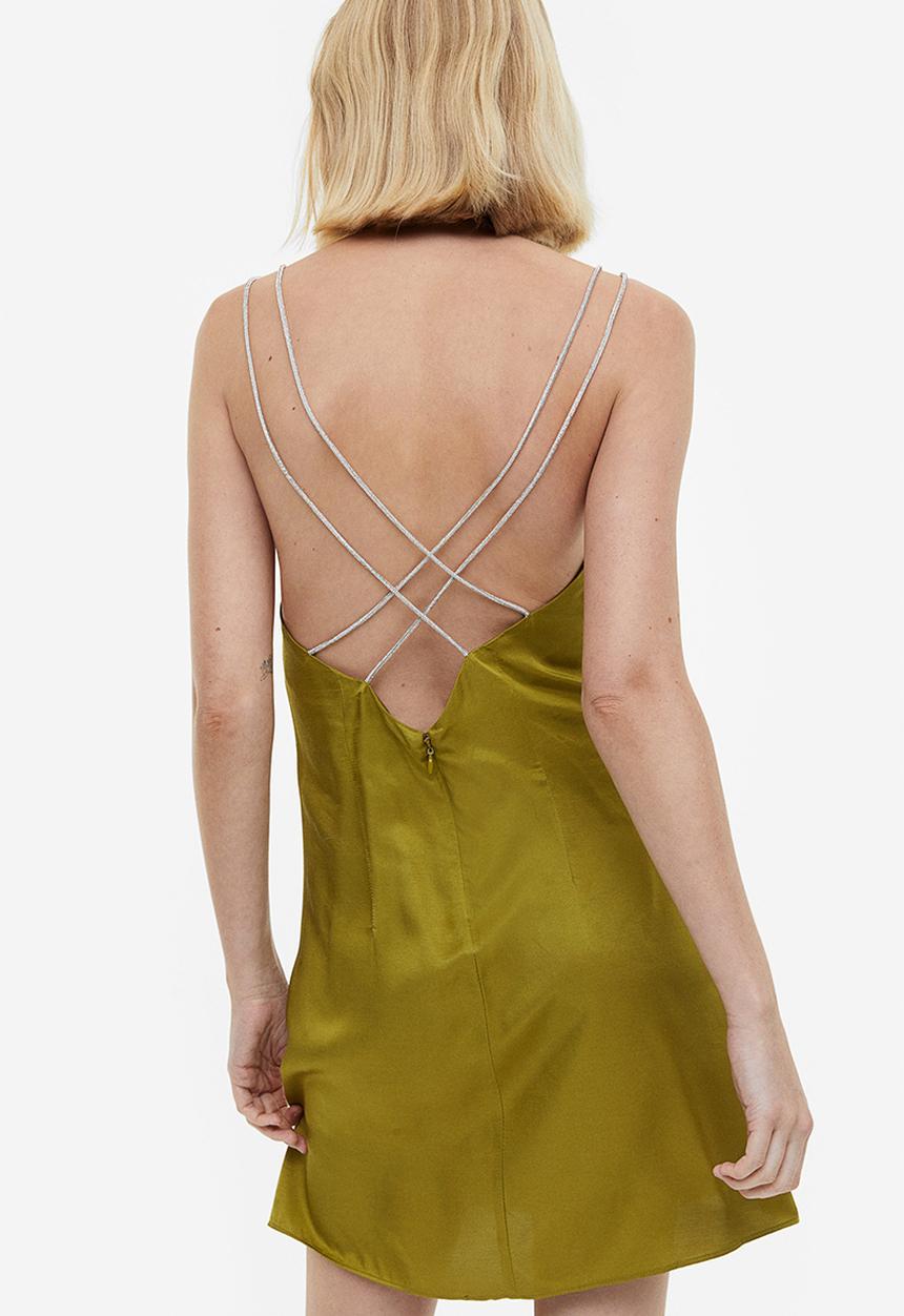 H&M - Rhinestone-strap satin dress - khaki green