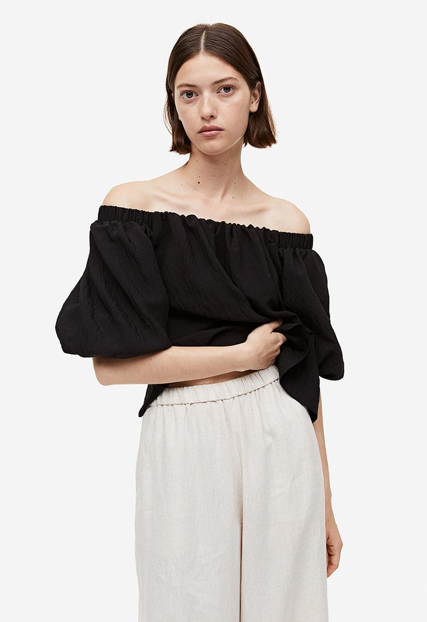 H&M - Puff-sleeved off-the-shoulder blouse - black