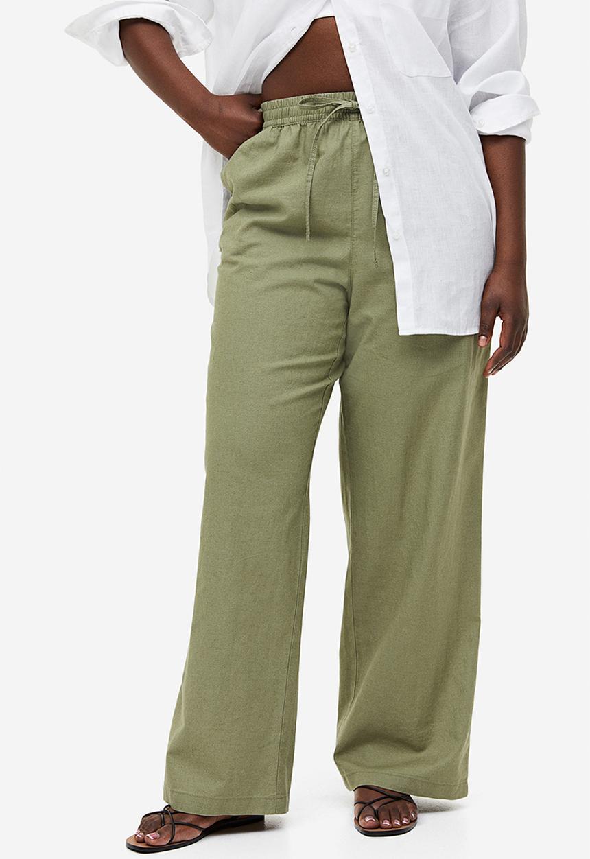 H&M - Linen-blend pull-on trousers - khaki green 