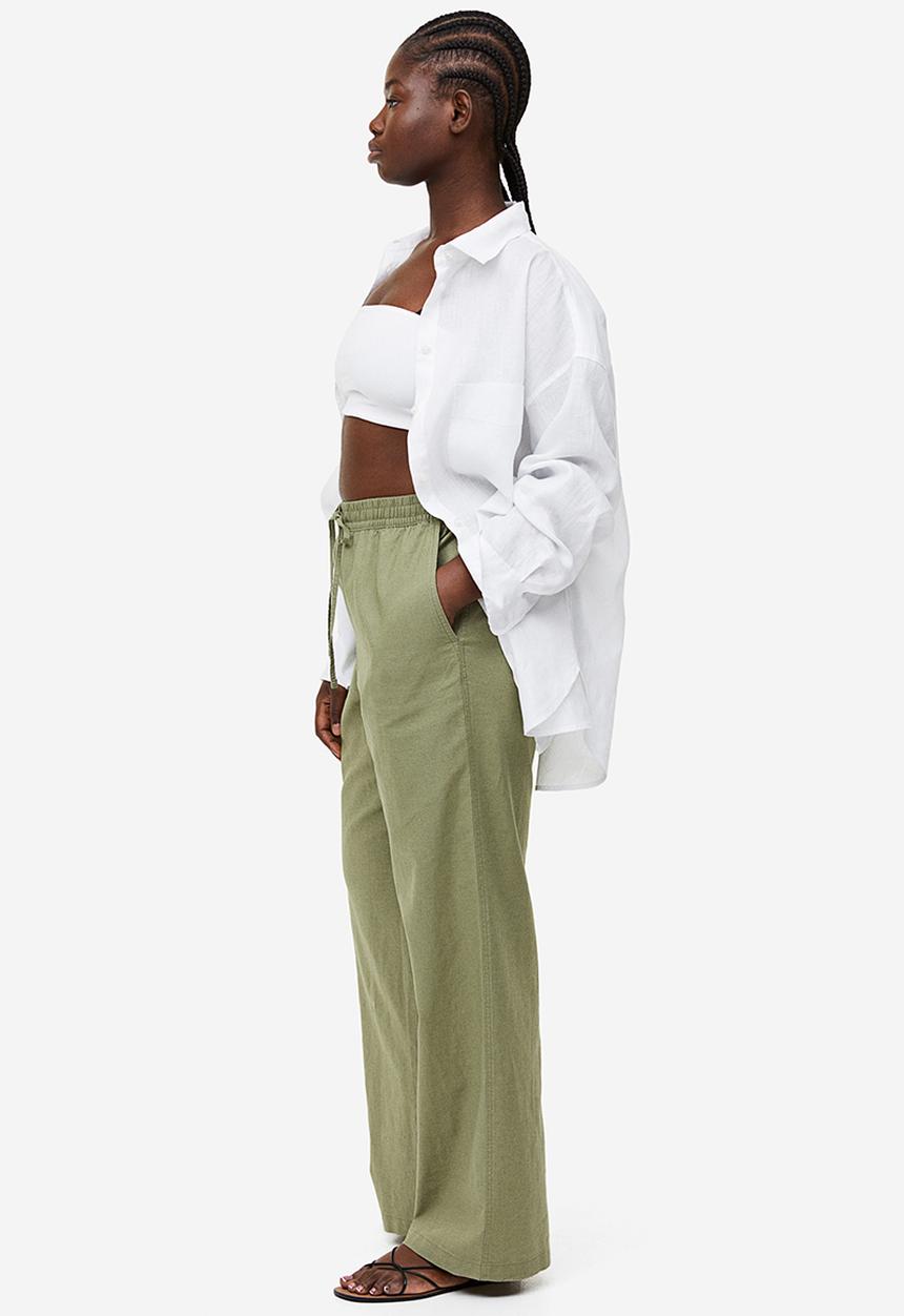 H&M - Linen-blend pull-on trousers - khaki green 