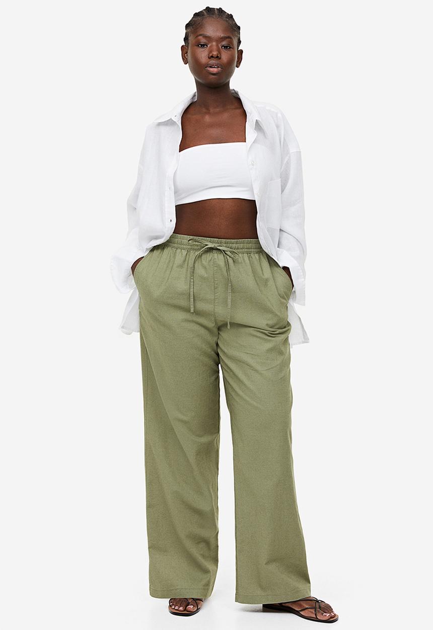 H&M - Linen-blend pull-on trousers - khaki green 
