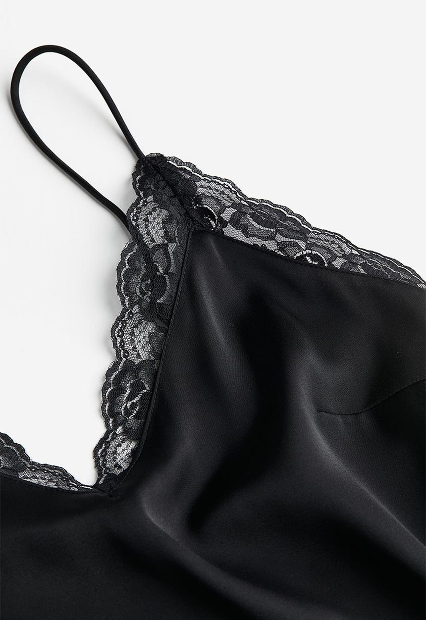 H&M - Lace-trimmed slip dress - black