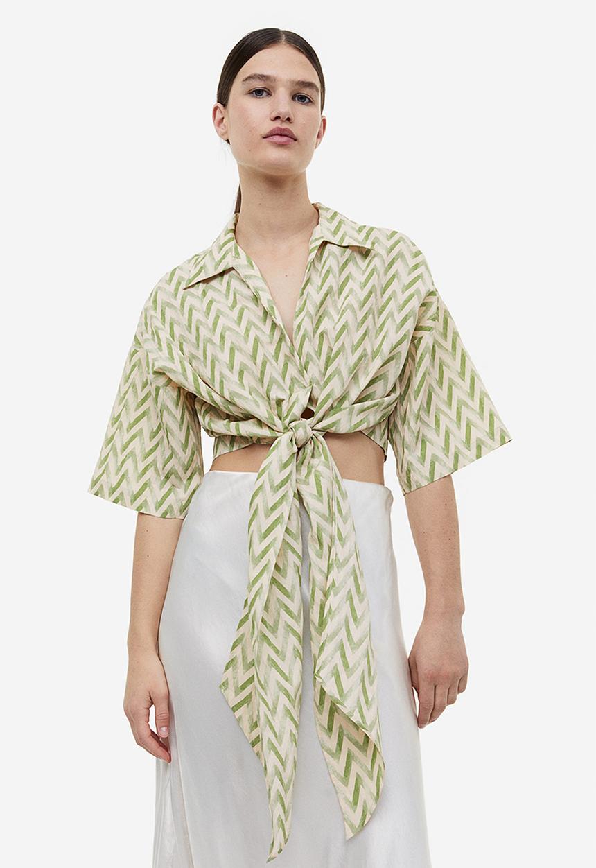 H&M - Tie-detail blouse - light green zigzag patterned