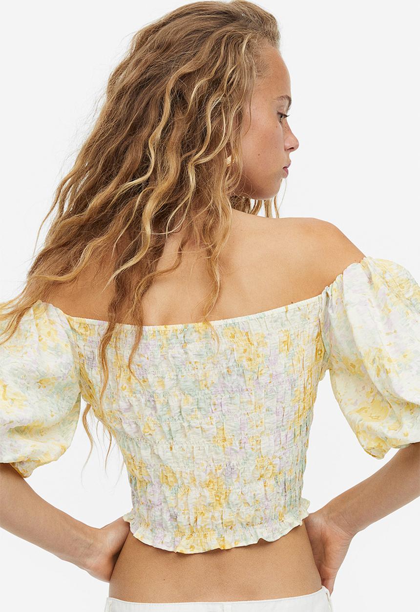 H&M - Smocked off-the-shoulder top - light yellow/floral