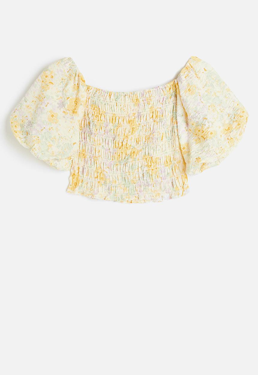 H&M - Smocked off-the-shoulder top - light yellow/floral