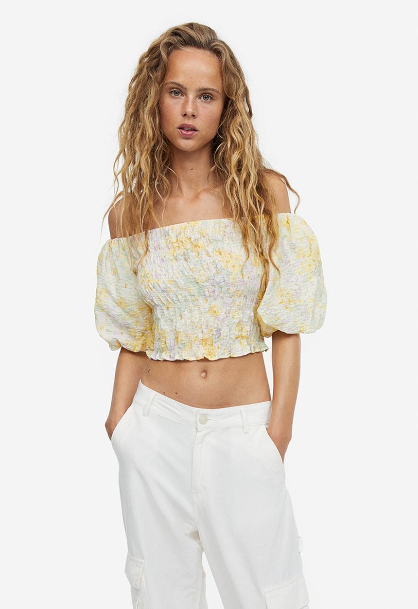 H&M - Smocked off-the-shoulder top - light yellow/floral