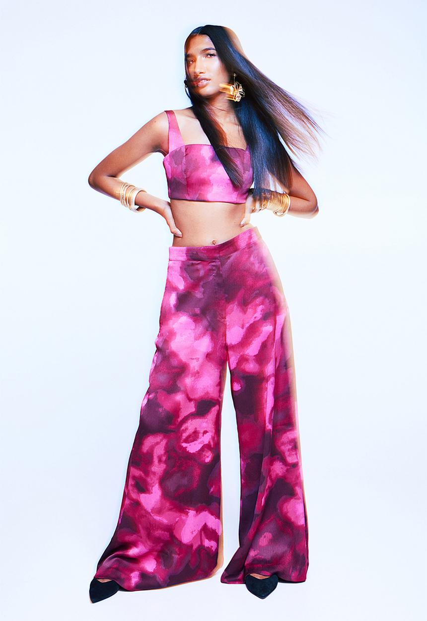H&M - Square-neck crop top - dark pink/patterned