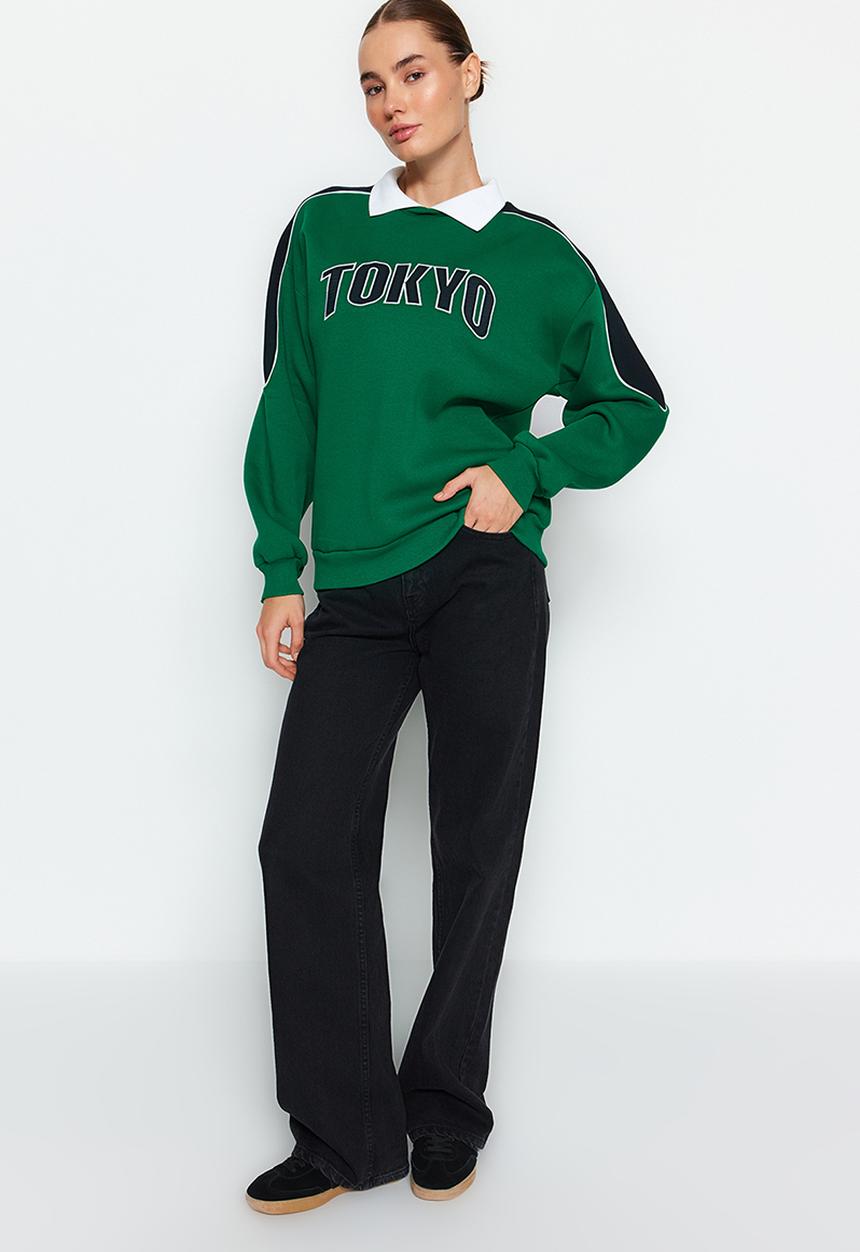 Trendyol - Colour block polo collar fleece sweatshirt - green