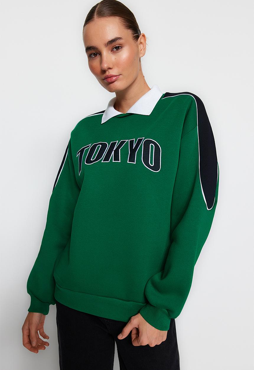 Trendyol - Colour block polo collar fleece sweatshirt - green