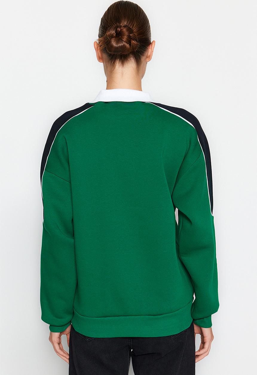 Trendyol - Colour block polo collar fleece sweatshirt - green