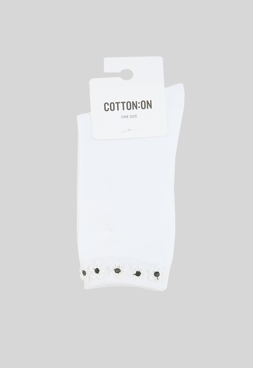 Rubi - Floral Welt Crew Sock - White Florals