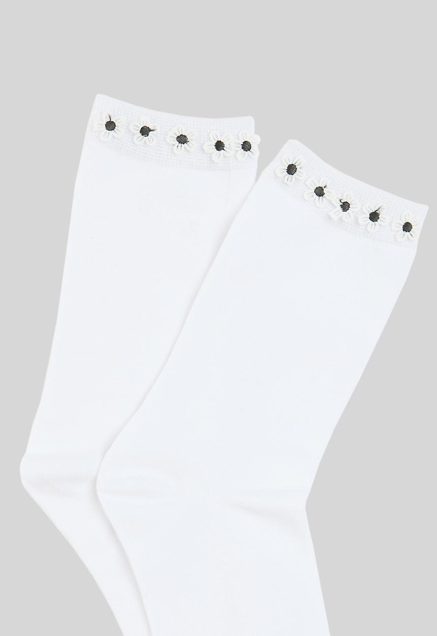 Rubi - Floral Welt Crew Sock - White Florals