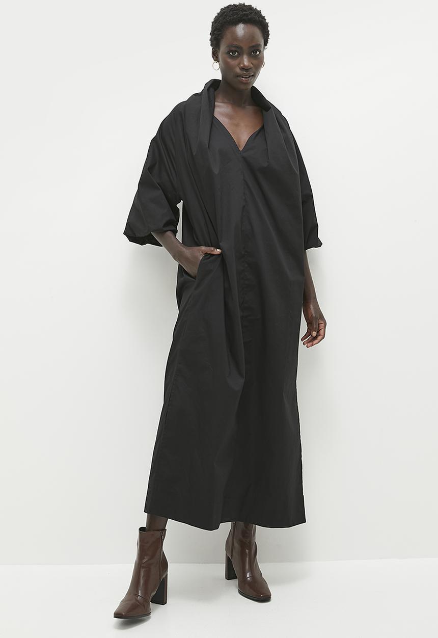edit - Volume sleeve kaftan midi dress - black