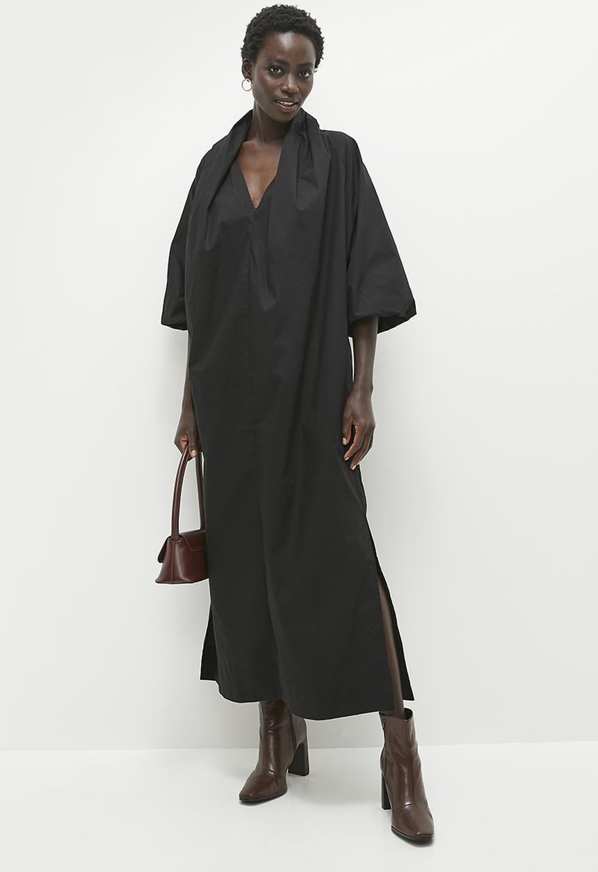 edit - Volume sleeve kaftan midi dress - black