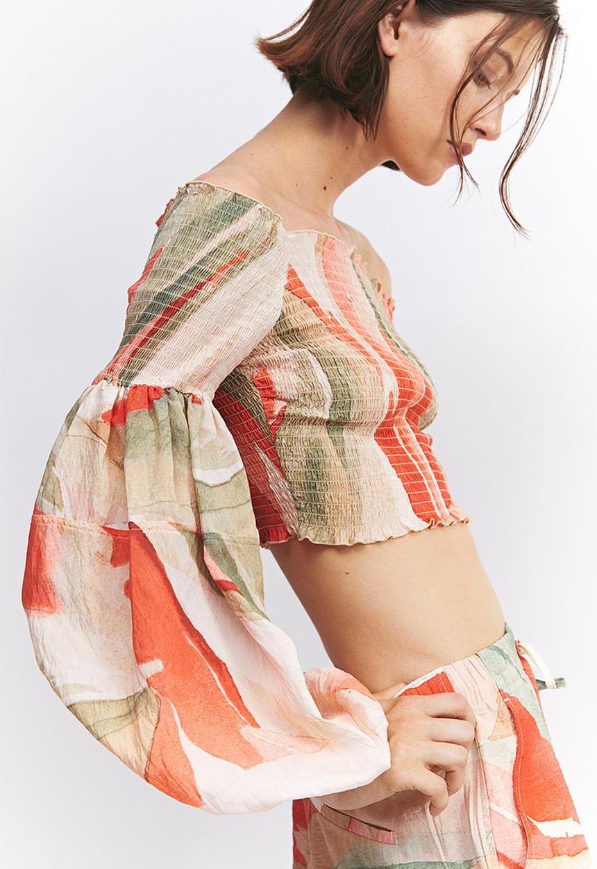 H&M - Smocked off-the-shoulder top - coral/patterned