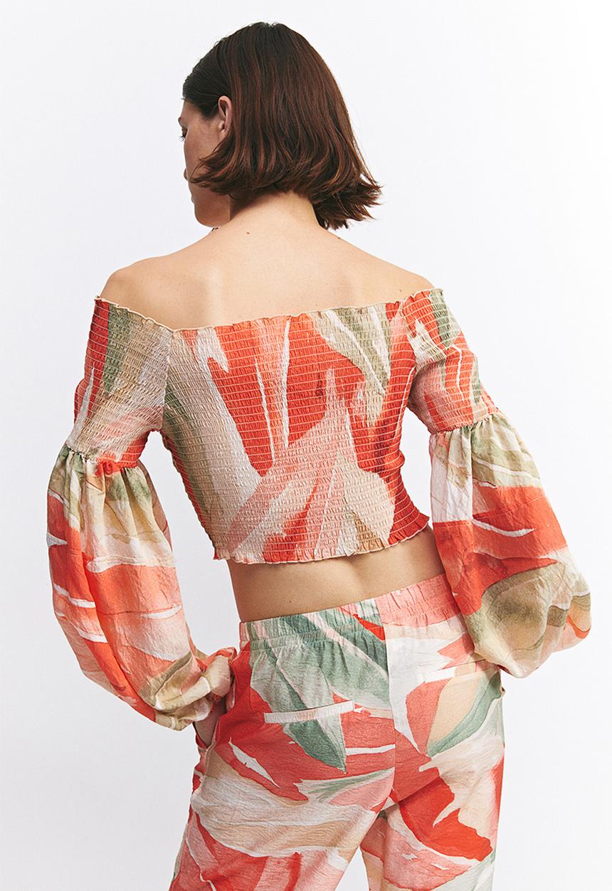 H&M - Smocked off-the-shoulder top - coral/patterned