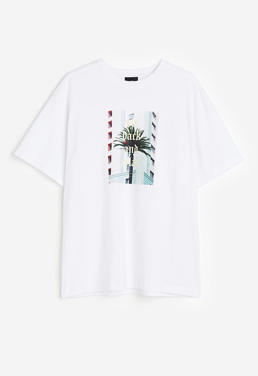 H&M - Relaxed fit printed T-shirt - white sit back and relax