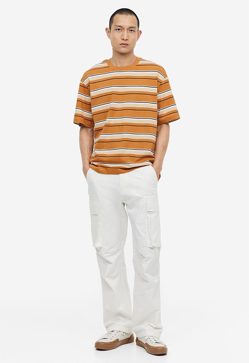 H&M - Relaxed fit cotton T-shirt - dark beige striped
