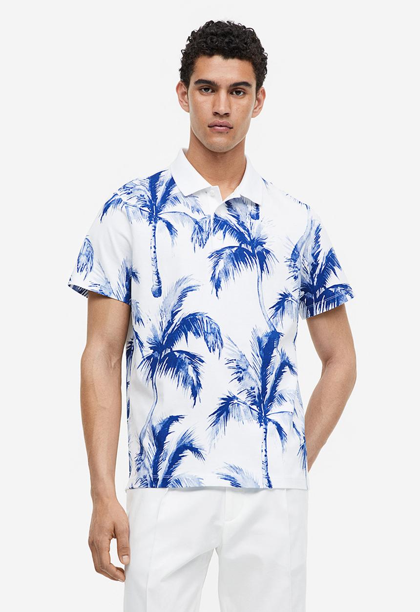 H&M - Regular fit printed polo shirt - white palm trees