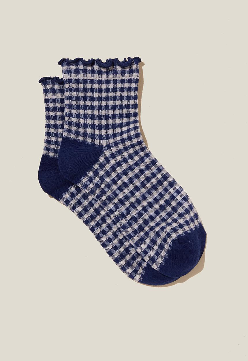Rubi - Check Frill Quarter Crew Sock - Navy