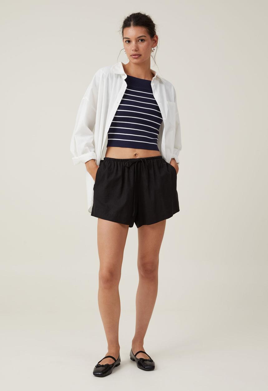 Cotton On - Rib Off Shoulder Knit - Deep Indigo/White Stripe