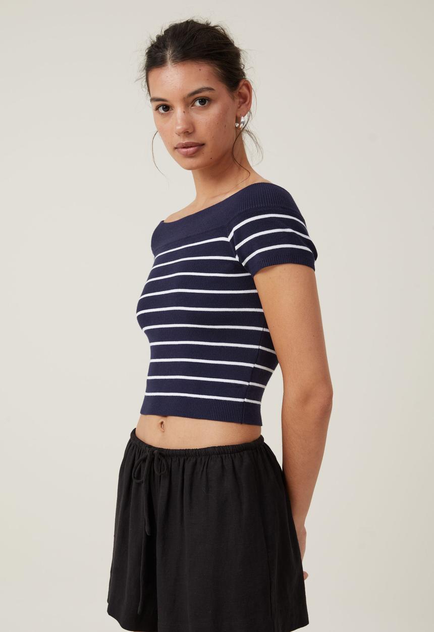 Cotton On - Rib Off Shoulder Knit - Deep Indigo/White Stripe