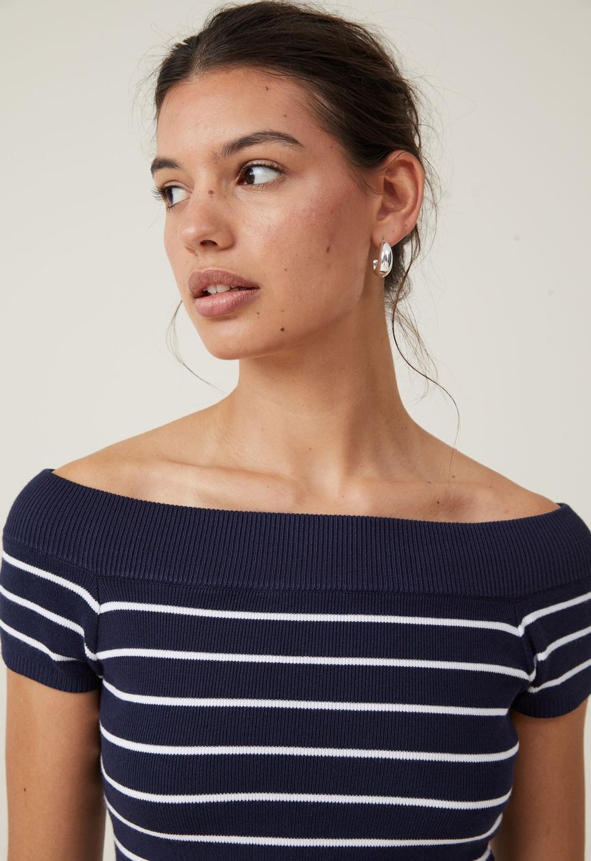 Cotton On - Rib Off Shoulder Knit - Deep Indigo/White Stripe