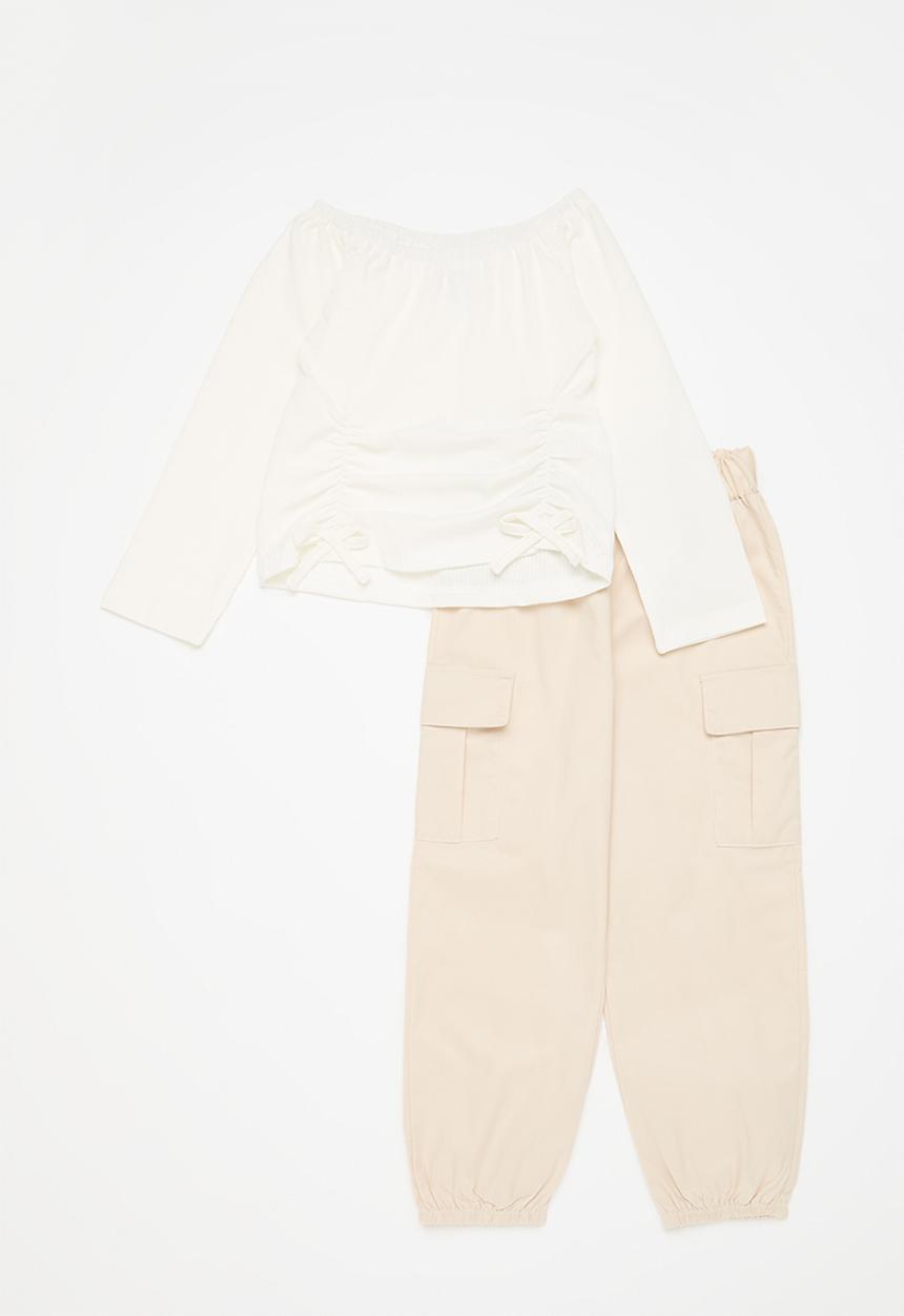 Pop Candy - Top & cargo pants set - white & beige