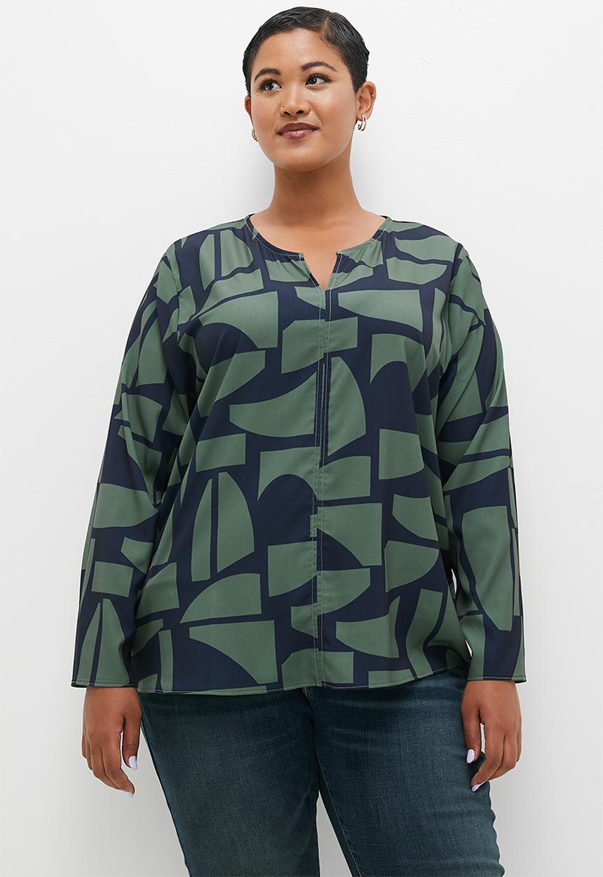 edit - Satin printed notch neck blouse - abstract geo. 