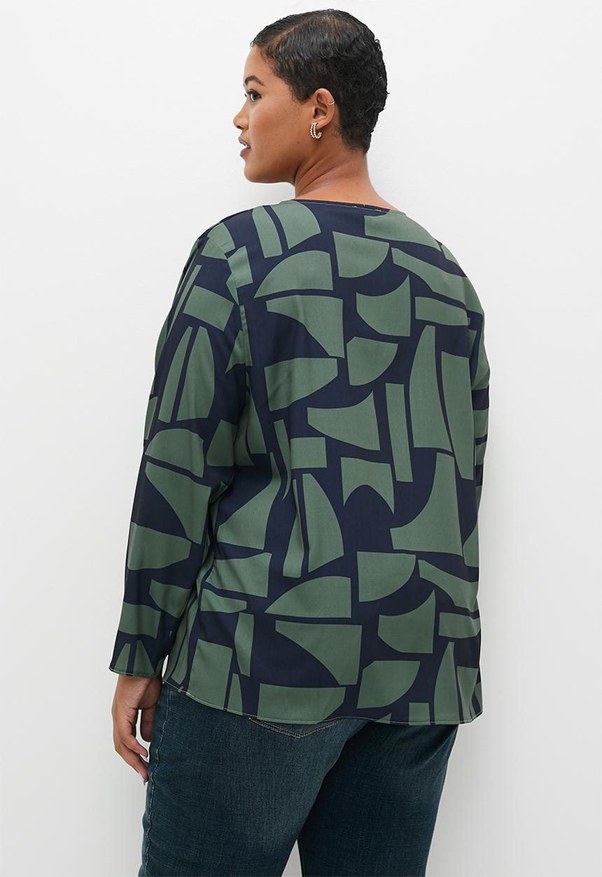 edit - Satin printed notch neck blouse - abstract geo. 